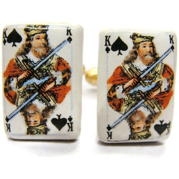 King of Spades Porcelain Cufflinks Gold Tone Tux Shirt Dress Suit Vintage - Picture 5 of 11